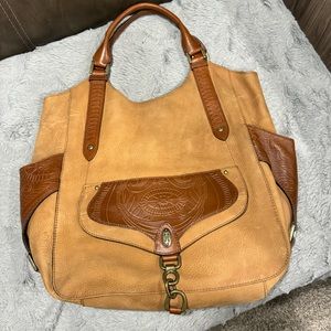 Cole Haan Sierra Tooled F06 Tan Pebbled Leather Boho Chic XL Shoulder Tote Bag